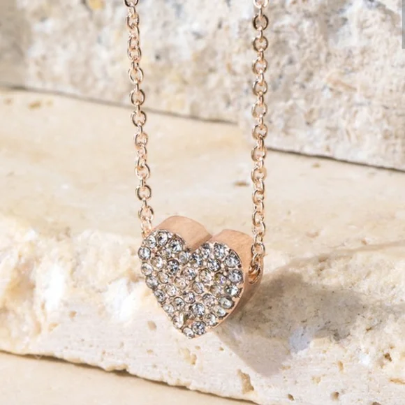 Dainty pave rhinestone heart charm necklace with bonus earrings in rose … - Picture 5 of 6